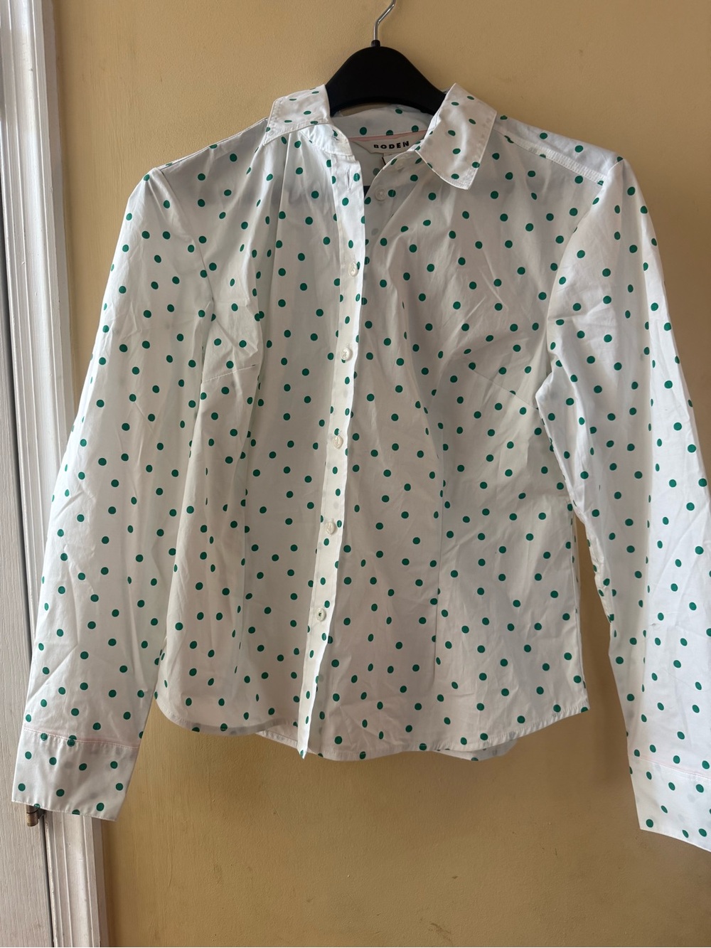 Boden White Blouse with Emerald Green Polka Dots, Saskia style, US10P